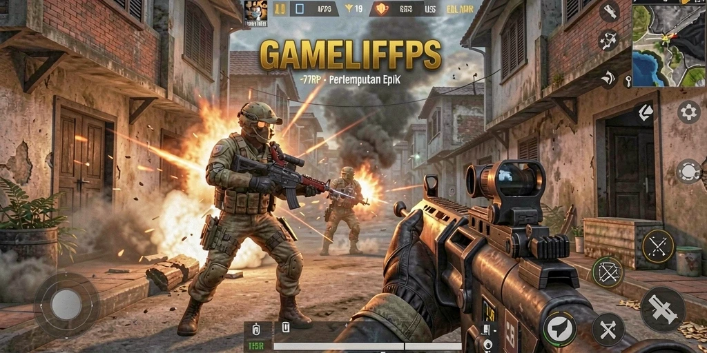 Screenshot gameplay 77RP dengan aksi menembak yang mendebarkan.