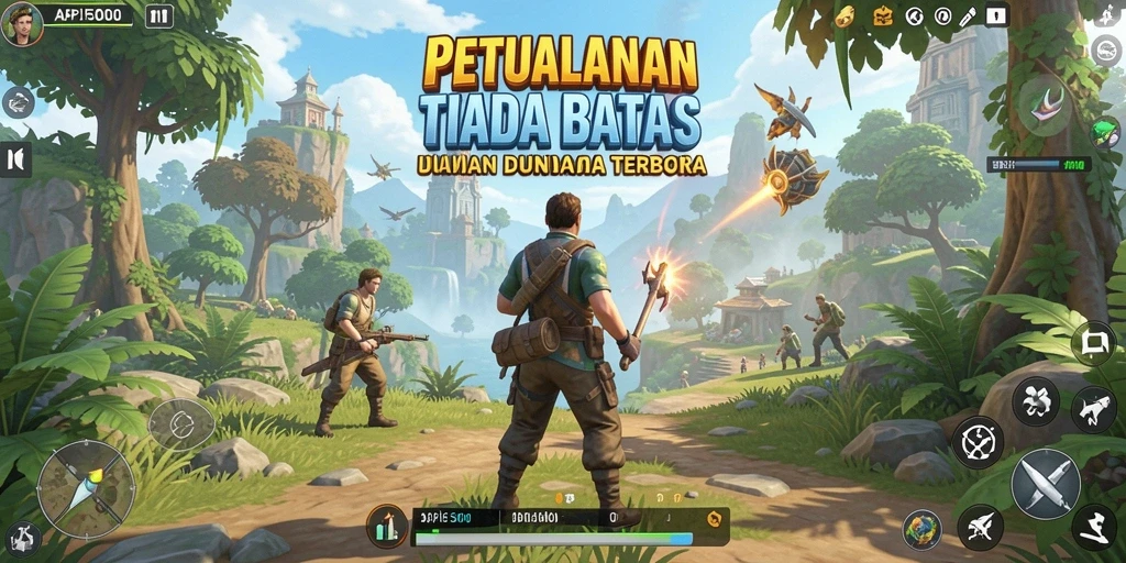 Screenshot utama API5000 menampilkan eksplorasi petualangan di dunia terbuka.