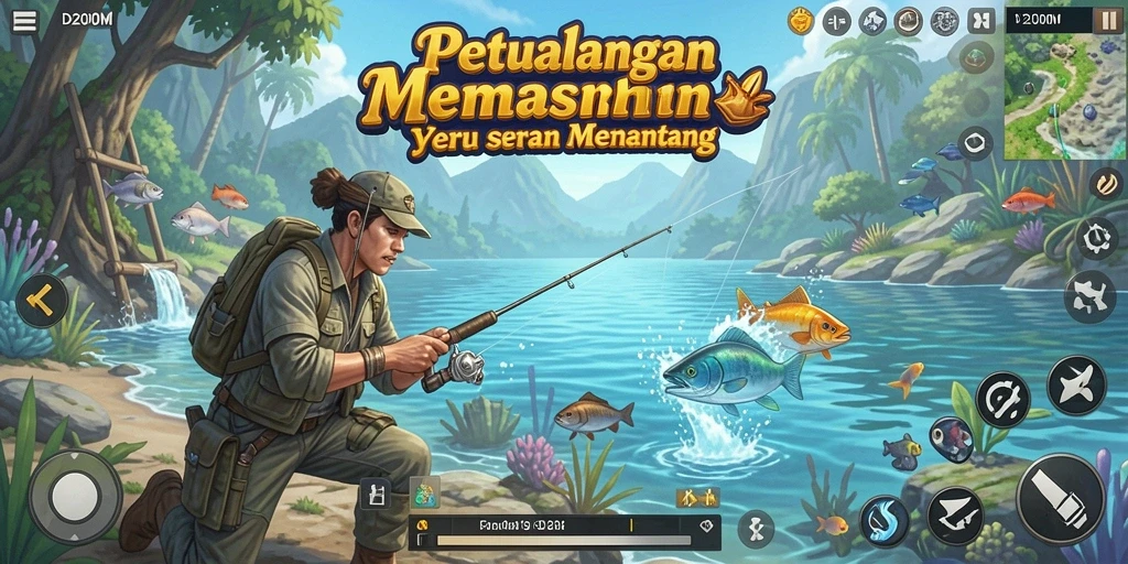 Screenshot gameplay D200M dengan aksi memancing yang menegangkan.