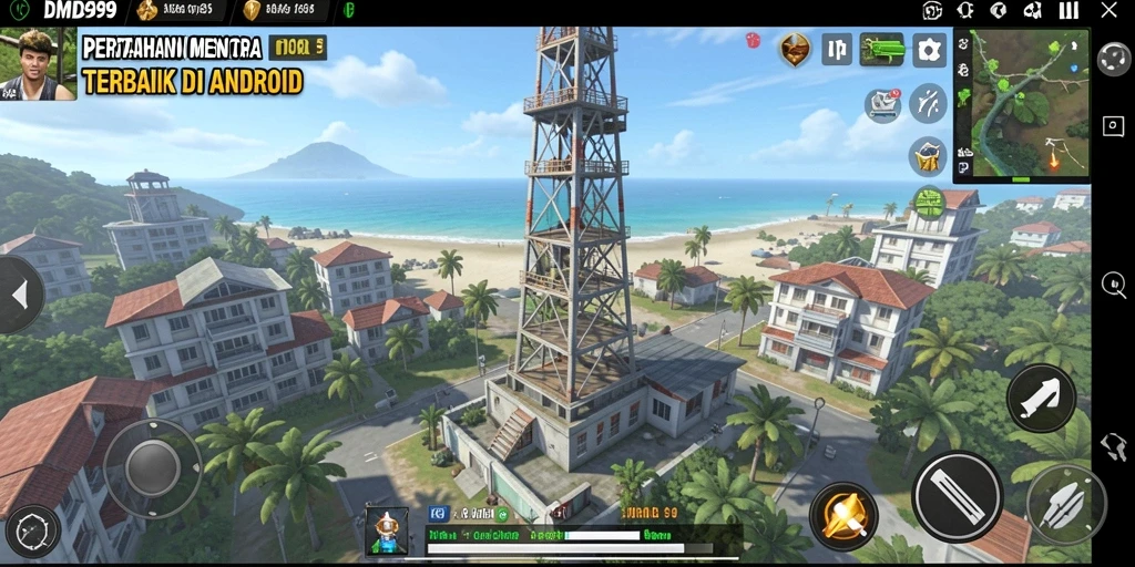 Screenshot gameplay DMD999 menunjukkan pertahanan menara yang strategis.