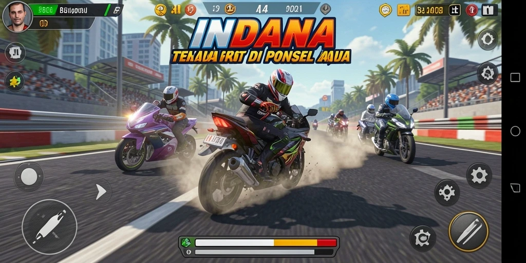Tampilan gameplay seru dari <strong>INDAAA</strong> saat balapan motor di trek menantang.