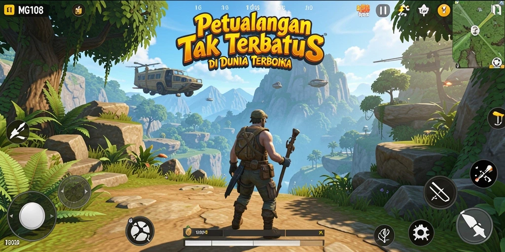 Tangkapan layar utama menunjukkan pengalaman eksplorasi dunia terbuka MG108.