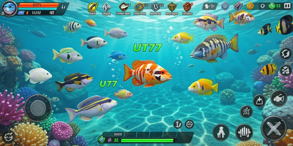 Gameplay menarik dalam UT77 menembak ikan berwarna-warni.