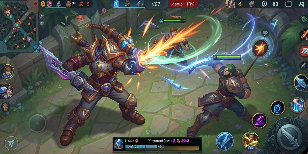 Screenshot utama V87 menampilkan pertarungan tim yang intens dalam game MOBA.
